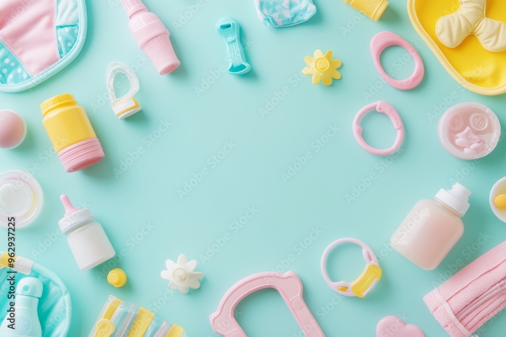 A pastel and organized background with baby accessories, ideal for baby product promotions A pastel and organized background with baby accessories, ideal for baby product promotions