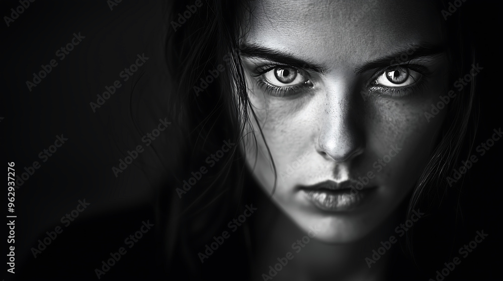 Intense Black and White Close-Up Portrait of a Woman with Piercing Eyes Intense Black and White Close-Up Portrait of a Woman with Piercing Eyes