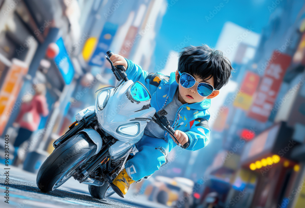 Cool Kid Riding Motorcycle in City Cool Kid Riding Motorcycle in City
