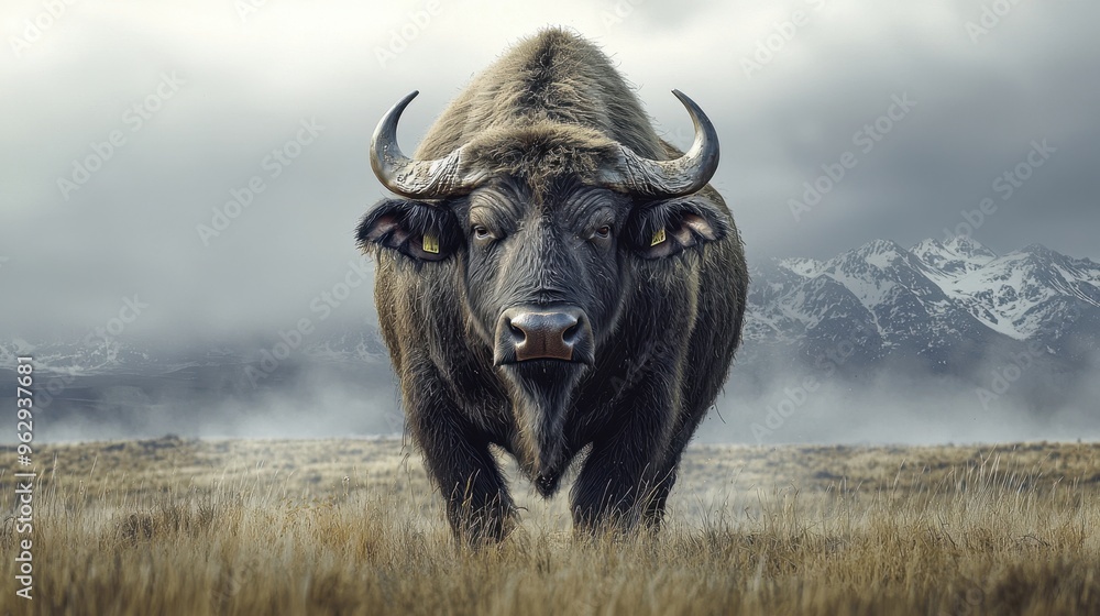 Naklejka premium Majestic Buffalo Standing on Grassy Plain with Mountains in the Distance