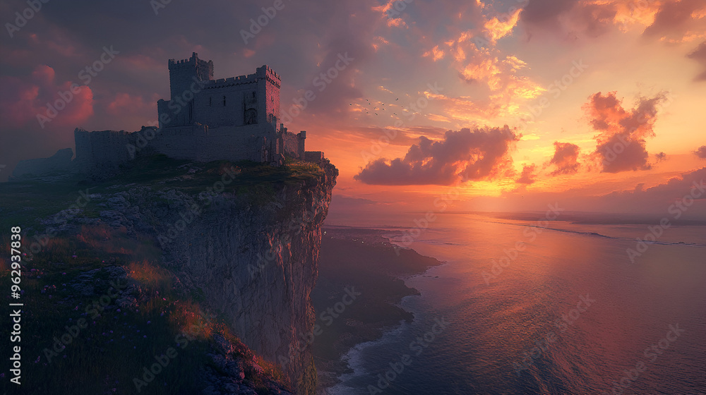 a majestic castle perched on a cliff overlooking a vast ocean during a dramatic sunset The Medieval Fortress Town of Pitigliano, Generative Ai a majestic castle perched on a cliff overlooking a vast ocean during a dramatic sunset The Medieval Fortress Town of Pitigliano, Generative Ai