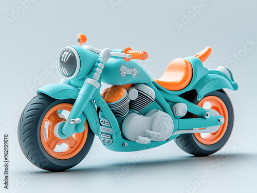 Blue and Orange Toy Motorcycle Isolated on White Background photo