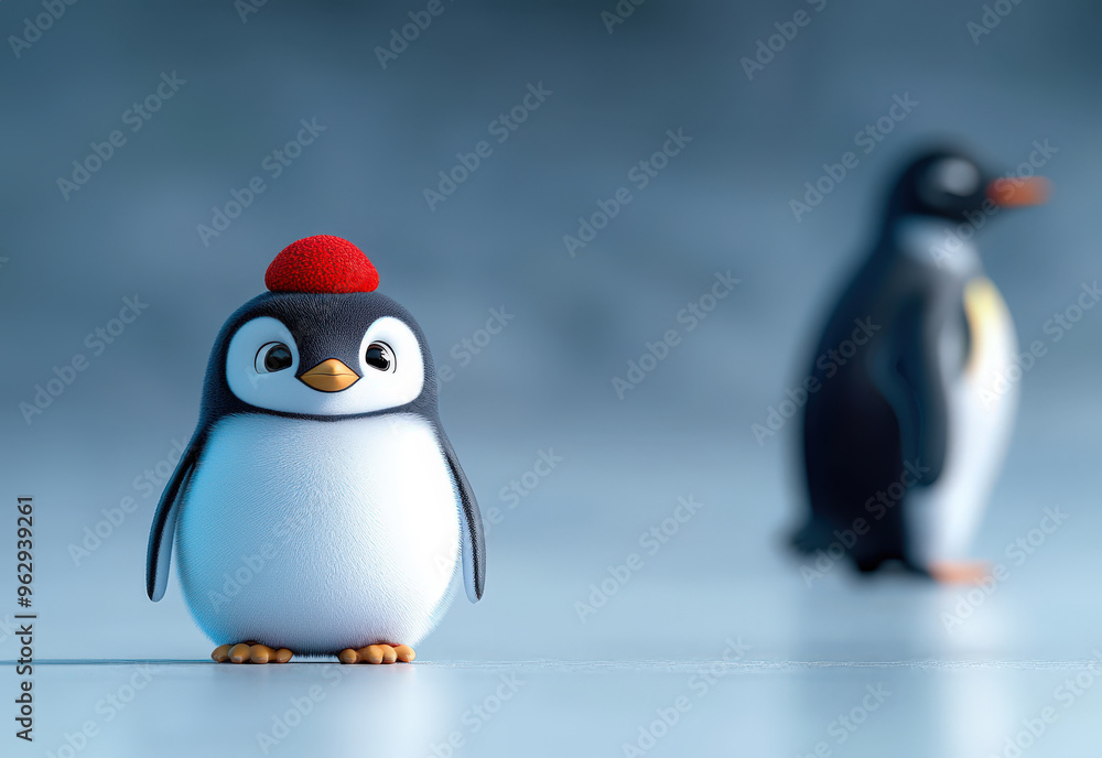 Fototapeta premium Cute Penguin with Red Beanie Standing on Ice