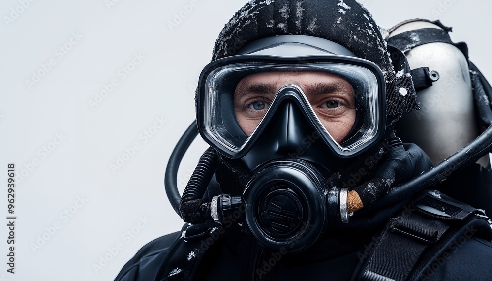 Close-up portrait of a diver wearing a scuba mask and a wetsuit, looking at the camera. Close-up portrait of a diver wearing a scuba mask and a wetsuit, looking at the camera.