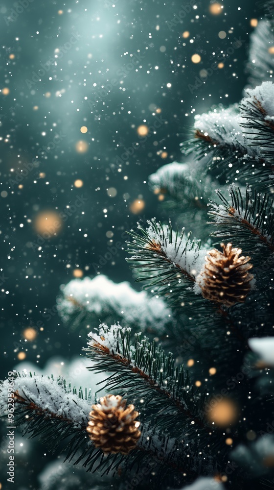 A close-up of light garlands and golden baubles Christmas ornaments hanging from the branches of a palm tree on the beach A close-up of light garlands and golden baubles Christmas ornaments hanging from the branches of a palm tree on the beach
