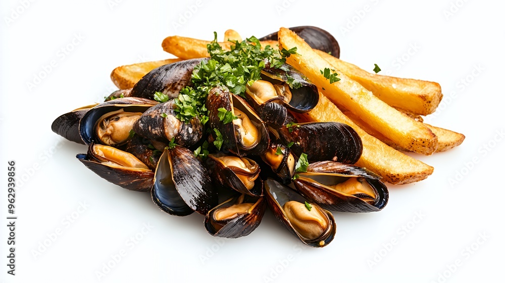 Fresh cooked mussels with french fries and parsley isolated on white background. Fresh cooked mussels with french fries and parsley isolated on white background.