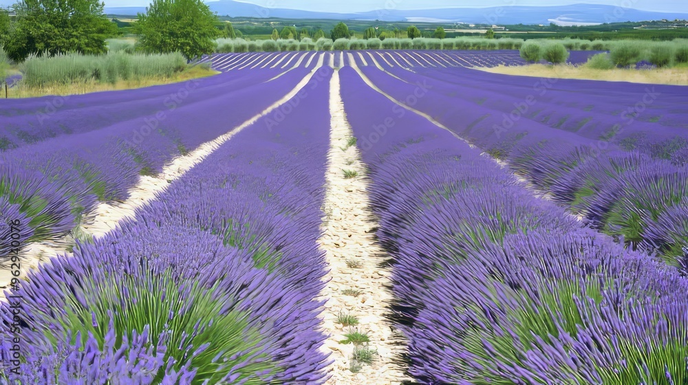 Obraz premium A field of lavender flowers with rows of purple blooms stretching into the distance