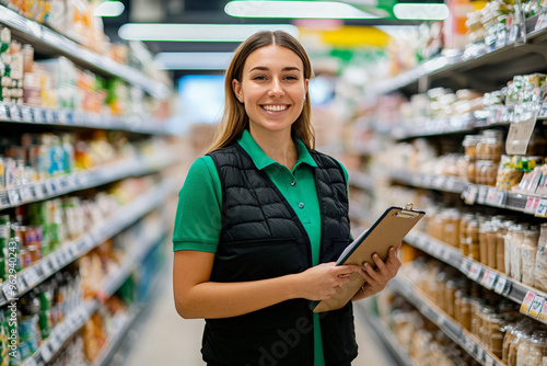 Wallpaper Mural A young woman wearing a green shirt and black vest stands in a supermarket aisle with a clipboard in her hand and smiles at the camera. Torontodigital.ca