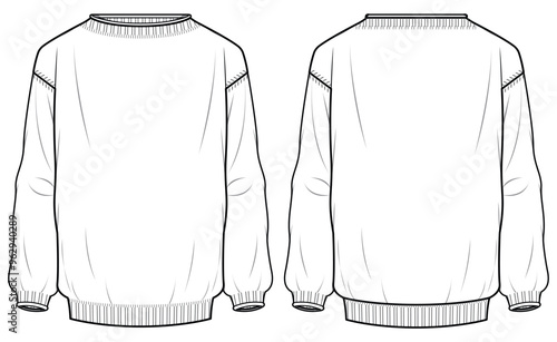 Men's sweater long sleeve Crew neck T Shirt flat sketch fashion illustration drawing template mock up with front and back view, boat neck Sweatshirt cad drawing
