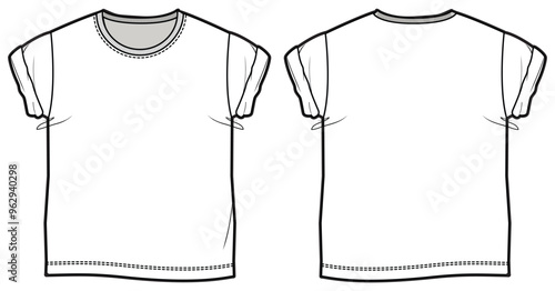 Men's folded Short sleeve Crew neck T Shirt flat sketch fashion illustration drawing template mock up with front and back view, Rolled up sleeve Oversized baggy round neck t-shirt vector template