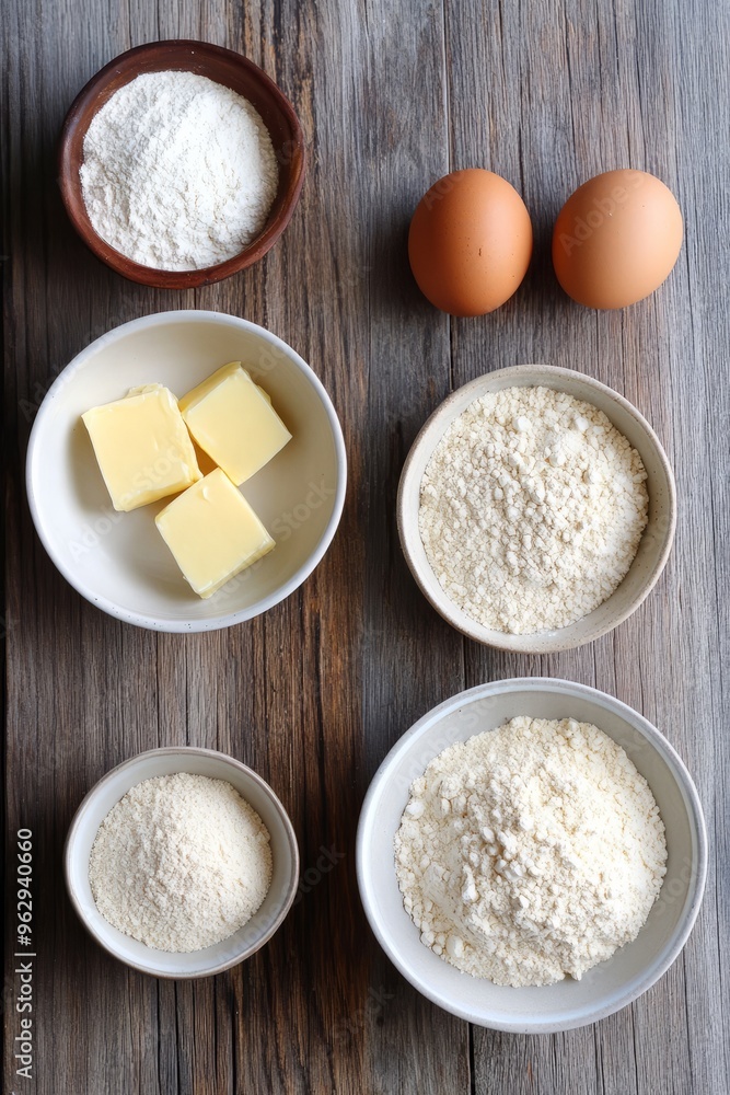 A flat lay of baking ingredients, such as flour, eggs, butter, and sugar, on a wooden surface A flat lay of baking ingredients, such as flour, eggs, butter, and sugar, on a wooden surface