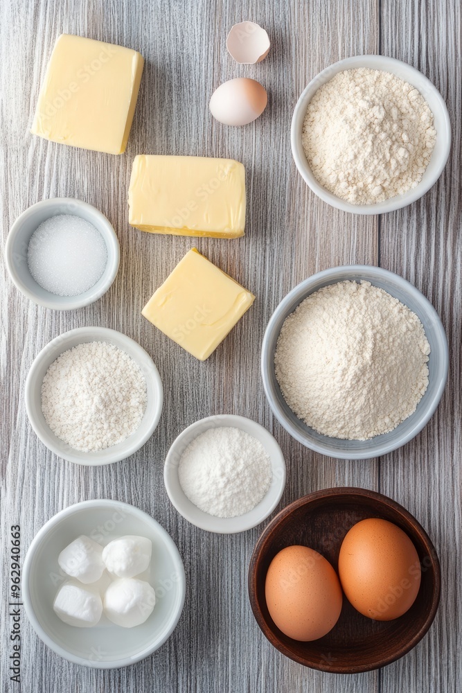 A flat lay of baking ingredients, such as flour, eggs, butter, and sugar, on a wooden surface