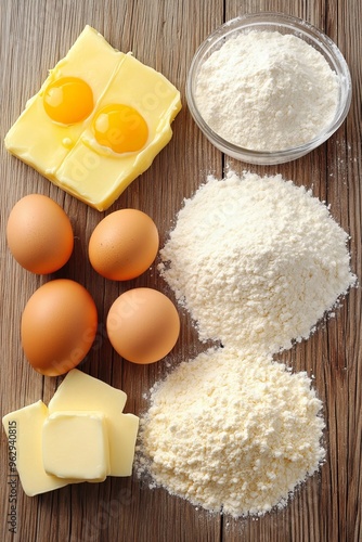 A flat lay of baking ingredients, such as flour, eggs, butter, and sugar, on a wooden surface photo