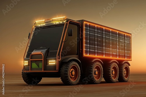 An advanced solar-powered vehicle distributing aid, representing green solutions in foreign aid and the emphasis on environmentally friendly practices in humanitarian efforts. photo