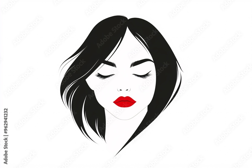A portrait of a woman with long black hair and striking red lips, captured in a minimalist style with closed eyes, showcasing beauty and elegance A portrait of a woman with long black hair and striking red lips, captured in a minimalist style with closed eyes, showcasing beauty and elegance
