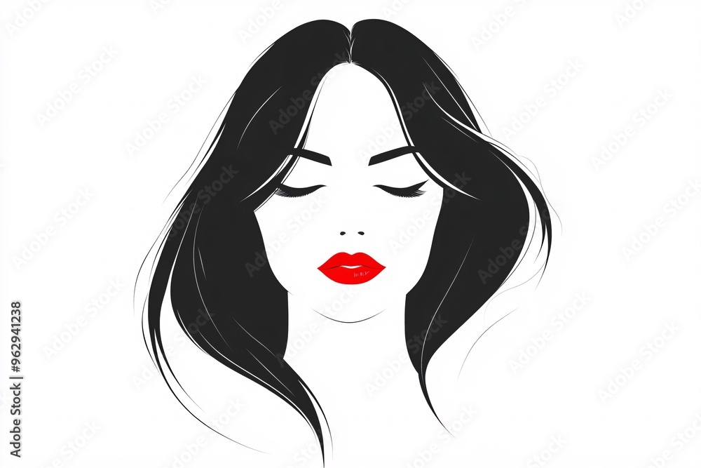 A portrait of a woman with long black hair and striking red lips, captured in a minimalist style with closed eyes, showcasing beauty and elegance A portrait of a woman with long black hair and striking red lips, captured in a minimalist style with closed eyes, showcasing beauty and elegance