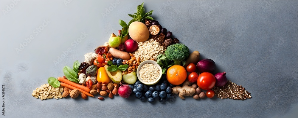 Balanced Nutritious Food Pyramid Concept with Fresh Produce Arrangement Balanced Nutritious Food Pyramid Concept with Fresh Produce Arrangement