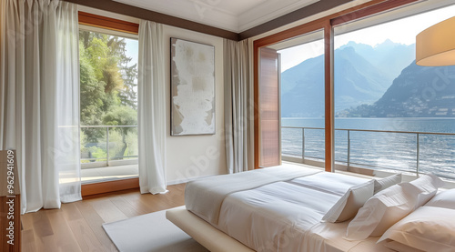 Modern minimalist luxury hotel room overlooking the mountains and a lake