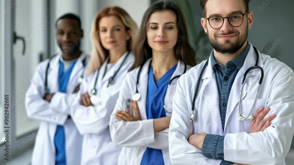 Doctors are standing, arms crossed and smiling, in the hospital Doctors are standing, arms crossed and smiling, in the hospital