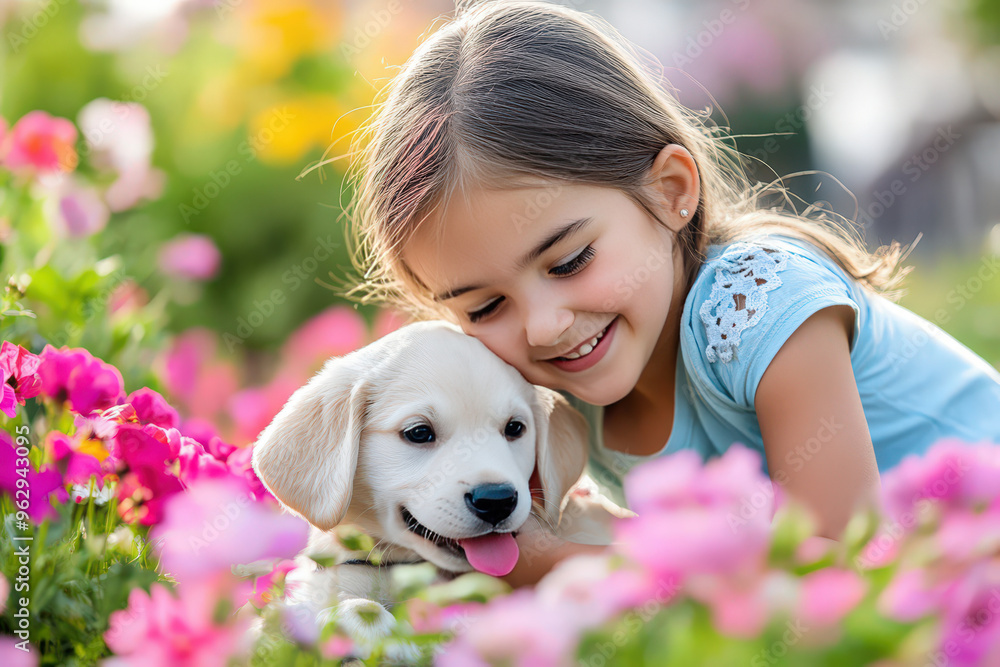 Happy Little Girl Hugging Puppy in a Flower Garden Happy Little Girl Hugging Puppy in a Flower Garden