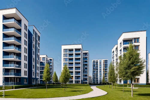 Modern residential block of apartment buildings with facade of flat buildings against blue clear sky. Urban real estate and complex of buildings for people. Concept of housing renovation. Copy space