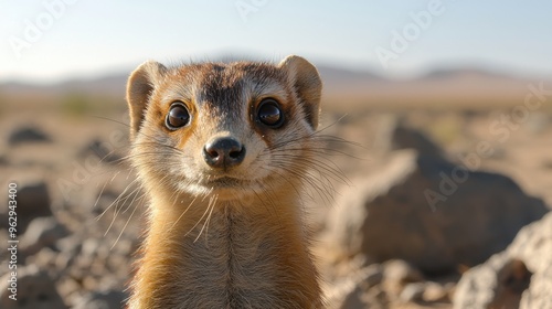 Alert Mongoose in Arid Environment with Rocky Terrain and Clear Blue Sky - Wildlife Vigilance Concept