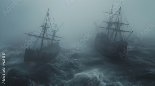 Two Large Medieval Ships In Ocean Storm, Dark And Foggy, Hyper-realistic Digital Painting.
 photo