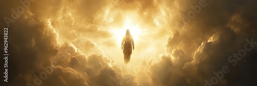 Ascension of Jesus Christ in Brilliant Light Towards the End Times - Clouds and Faith Concept photo