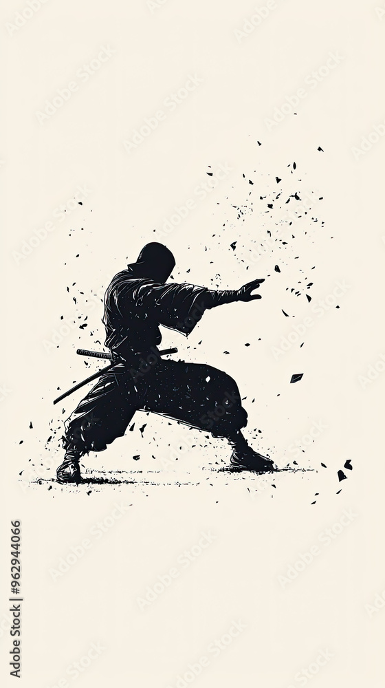 The Silent Assassin: A ninja's poised stance, ready to strike, with a flurry of black particles swirling around him. The Silent Assassin: A ninja's poised stance, ready to strike, with a flurry of black particles swirling around him.