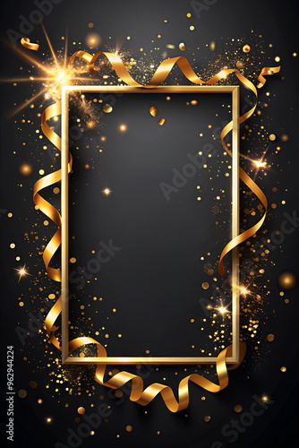 Gold frame with golden ribbon and sparkles confetti , isolated on black background mockup template, copy space. Luxury design template for holiday. Greeting card.