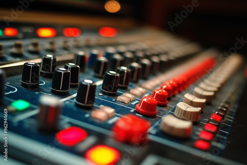 Close-up view of an audio mixing board with colorful knobs and sliders, representing music production technology and sound engineering.
