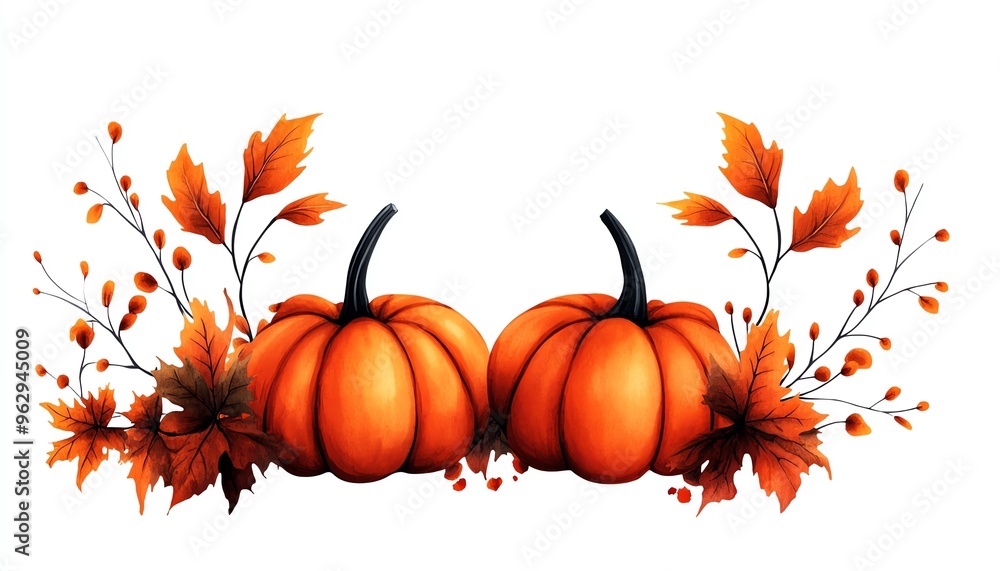 Naklejka premium Autumn pumpkin decor clipart, Thanksgiving element, watercolor illustration, crisp lines, pumpkins and leaves, isolated on white background