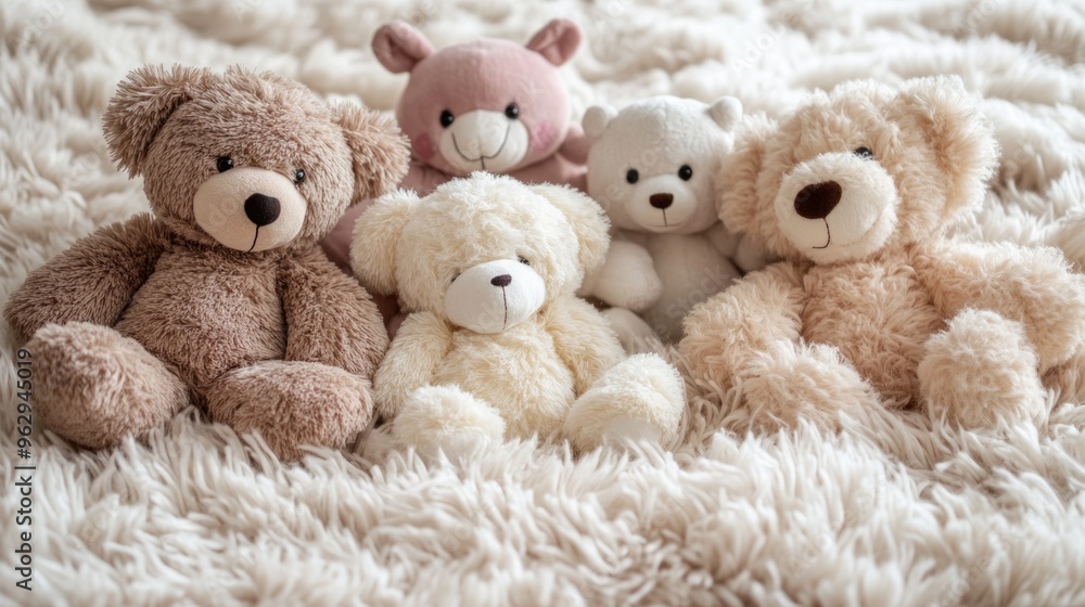 A soft and cozy background with plush toys, perfect for baby product advertisements A soft and cozy background with plush toys, perfect for baby product advertisements