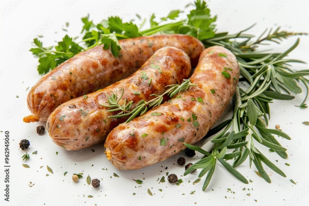 Freshly cooked sausages with green herbs on a white background Freshly cooked sausages with green herbs on a white background