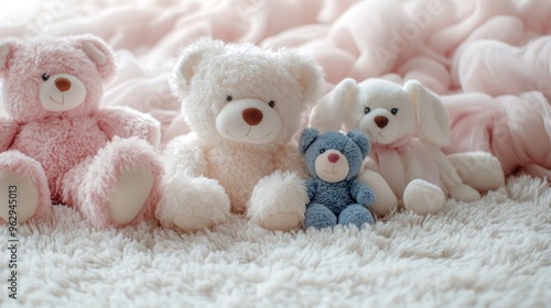 A soft and cozy background with plush toys, perfect for baby product advertisements