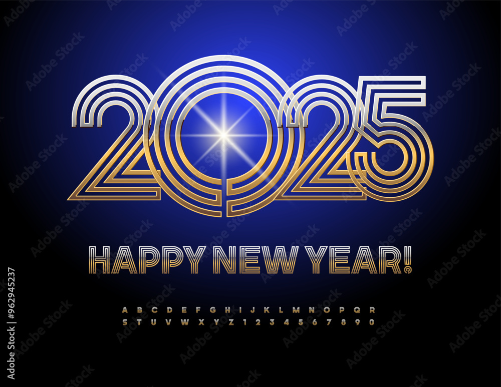 Vector artistic Greeting Card Happy New Year 2025! Stylish Golden Font. Unique Alphabet Letters and Numbers set. Vector artistic Greeting Card Happy New Year 2025! Stylish Golden Font. Unique Alphabet Letters and Numbers set.