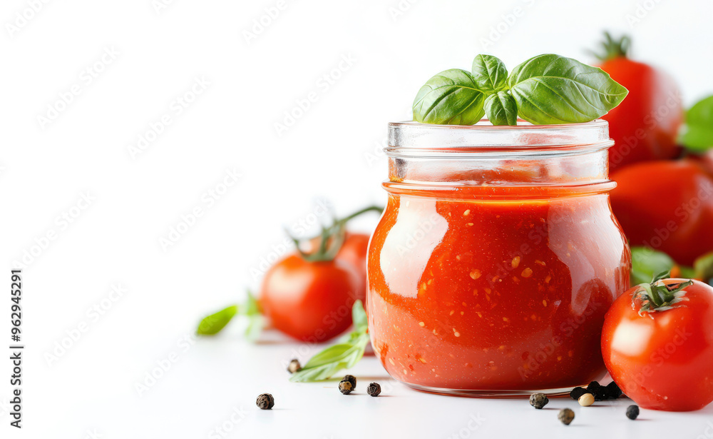 Fresh, red tomato juice in a glass jar, isolated on white background Fresh, red tomato juice in a glass jar, isolated on white background