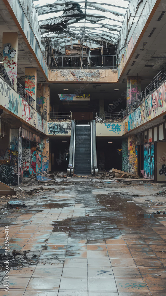 Obraz premium Echoes of Commerce: A Silent Escalator in a Decaying Mall