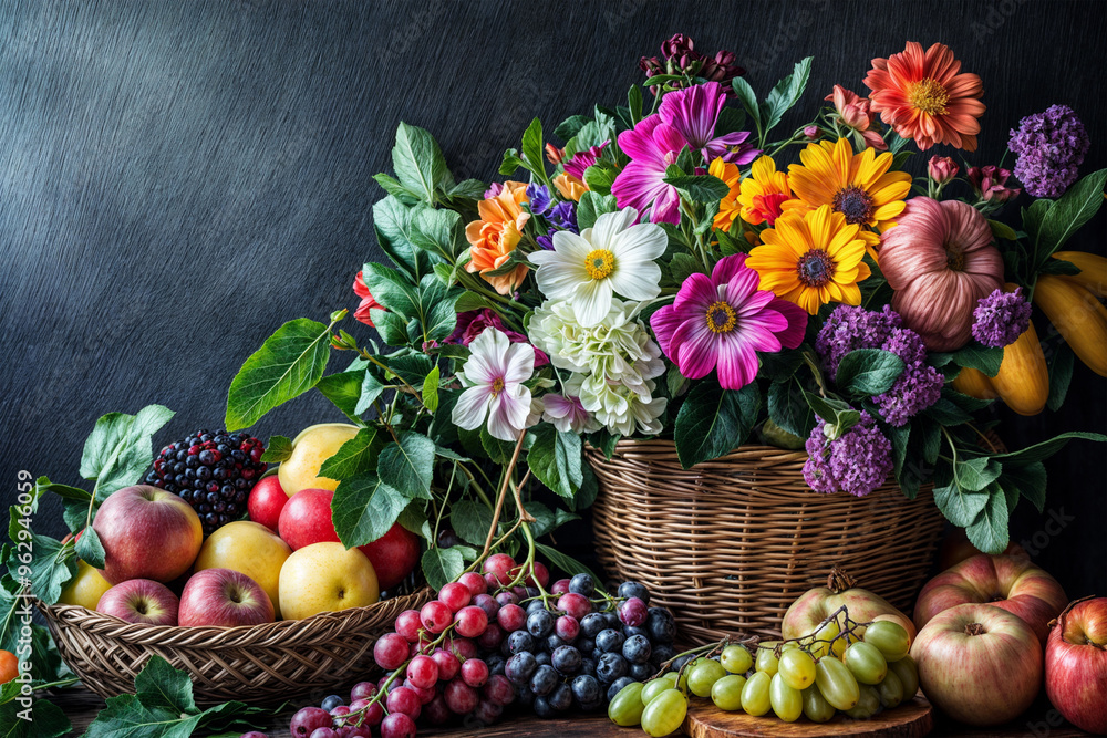 Vibrant Cornucopia of Flowers and Fruits on Display Vibrant Cornucopia of Flowers and Fruits on Display
