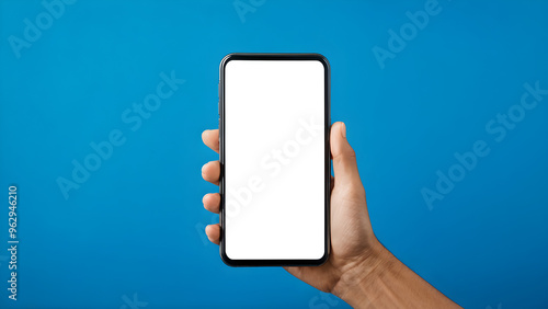 hand holding smartphone on blue background, white blank mockup, copy space, phone, banner, advertisement, commercial, promotion, ad, marketing, template, screen 