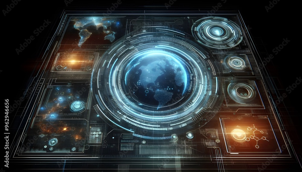 Futuristic command prompt on a digital interface with a holographic computer screen, depicting advanced technology and cybernetic innovation Futuristic command prompt on a digital interface with a holographic computer screen, depicting advanced technology and cybernetic innovation