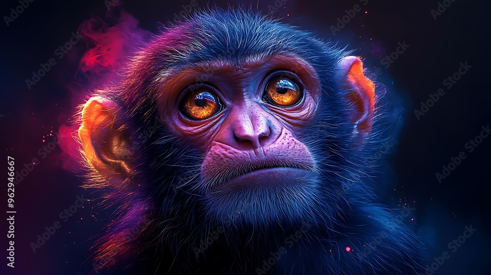 A close-up portrait of a young monkey with large, expressive eyes and a soft, fluffy fur, against a dark background with vibrant colorful lights and smoke. A close-up portrait of a young monkey with large, expressive eyes and a soft, fluffy fur, against a dark background with vibrant colorful lights and smoke.