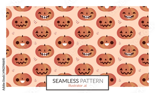 Motif répétitif de citrouilles oranges avec des visages souriants, style mignon de dessin animé pour papier cadeau, cartes d'Halloween et impression textile, couleurs douces d'automne