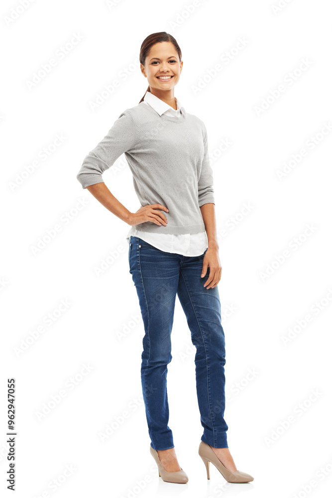 Portrait, studio and woman with smile, ambitious and confident in mockup space, freelancer and writer. White background, creative and proud of journalism, happy and editor in media and professional Portrait, studio and woman with smile, ambitious and confident in mockup space, freelancer and writer. White background, creative and proud of journalism, happy and editor in media and professional