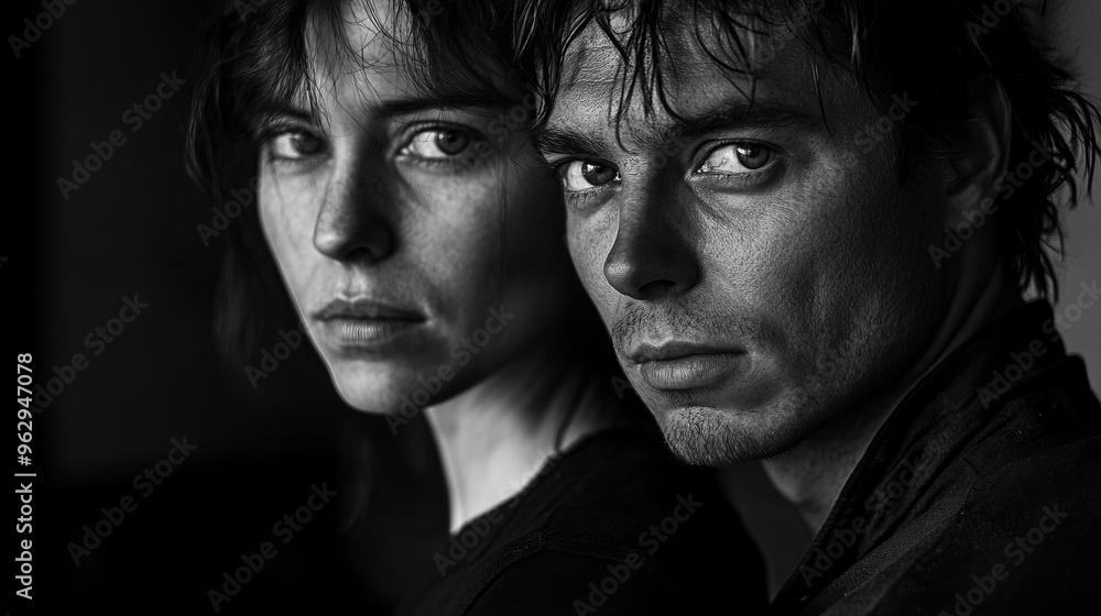 A man and a woman with closely spaced faces look mysterious and tense, their gaze into the camera adds a sense of unresolved history. A man and a woman with closely spaced faces look mysterious and tense, their gaze into the camera adds a sense of unresolved history.