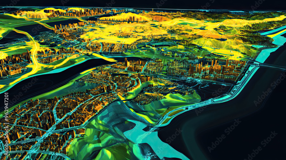 Technical aerial visual, 3D LiDAR GIS aerial map satellite scan model ...