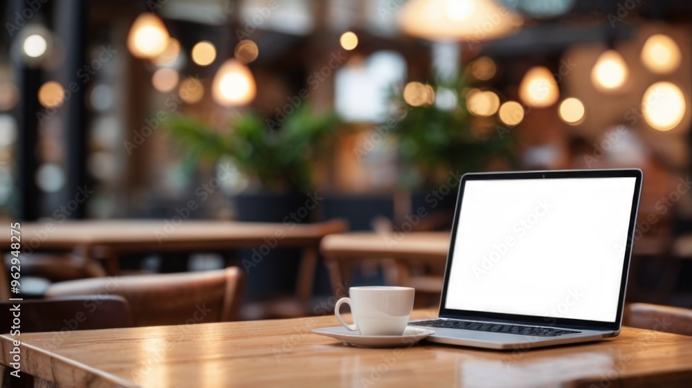 Blank screen laptop mockup on cafe Blank screen laptop mockup on cafe