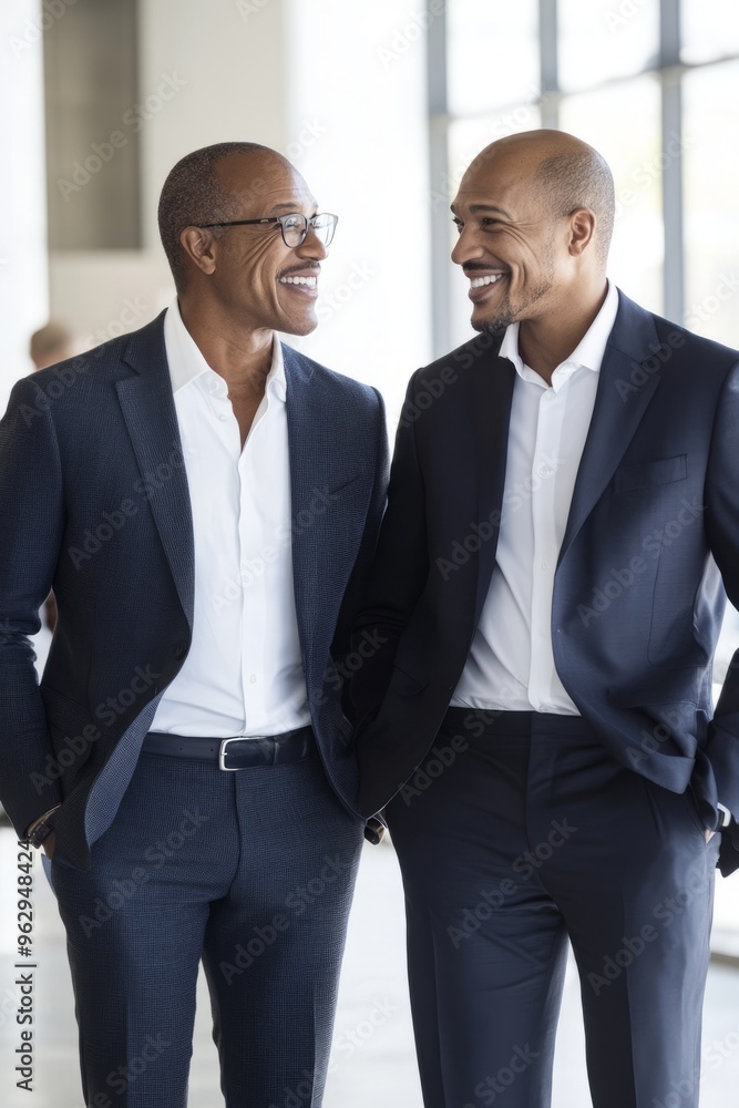A manager mentoring a younger colleague, both smiling and engaged in conversation in a bright office A manager mentoring a younger colleague, both smiling and engaged in conversation in a bright office