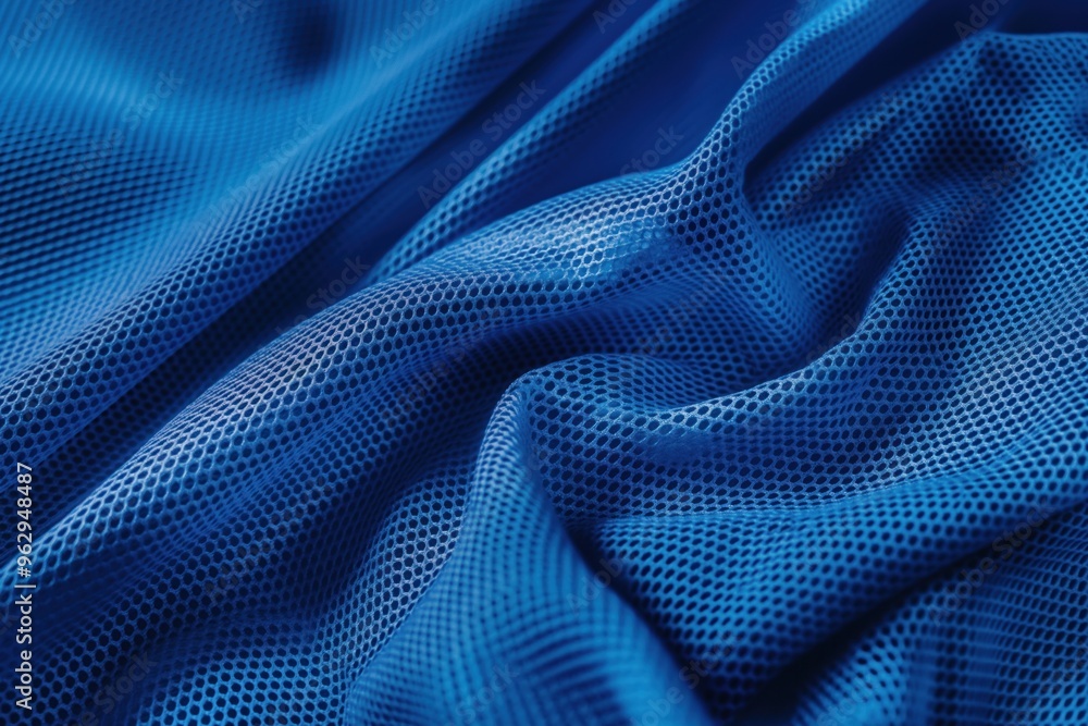 Close-up of blue fabric with grid-like pattern. Smooth texture and wrinkled appearance suggest lightweight material. Small holes create sense of depth. Blurred background focuses on intricate details. Close-up of blue fabric with grid-like pattern. Smooth texture and wrinkled appearance suggest lightweight material. Small holes create sense of depth. Blurred background focuses on intricate details.