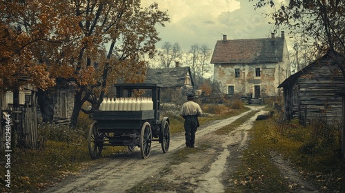 A vintage postcard-style image of a milkman beside milk cart on dirt road in rural village symbolizing early milkrun logistics in historical countryside setting during autumn